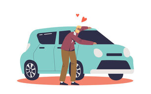 Happy man buying car. Cheerful male vehicle owner hugging with love new auto. Driver with auto. Automobile ownership concept. Cartoon flat vector illustration