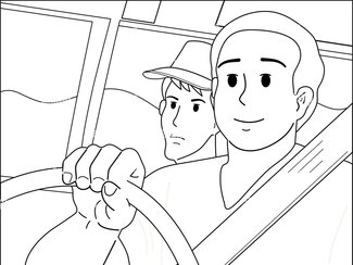 Trip, journey. Two young guys are driving in a car on the road ...