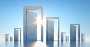 Group of open doors with blue sky and sun