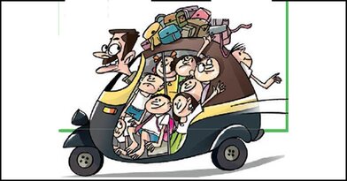 A cartoon of a van overcrowded with people