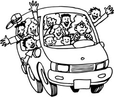 Cartoon black and white car overcrowded with people 