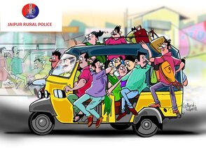 A cartoon of a yellow van overcrowded with people