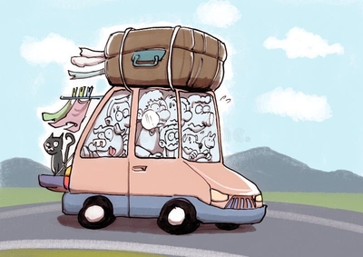 Cartoon stily illustration of a numerous family in a overloaded car with suitcase and people ready for holiday time