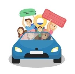 Happy family traveling by car driving on road. Big family going to summer vacations vector illustration. Transportation to holiday, father mother and children