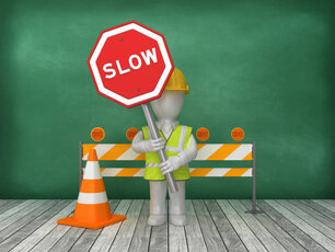 SLOW Road Sign Construction Site on Chalkboard Background - 3D Rendering