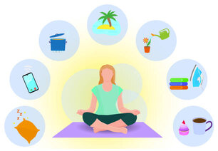 Young girl meditating at home during quarantine time. Woman is practicing yoga and thinking about time management. Concept illustration for yoga, meditation, relax, healthy lifestyle. Vector, flat.