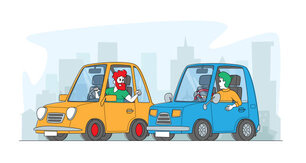 City Traffic Situation, Dwellers Suffered of Aggression. Car Accident or Conflict on Road, Drivers Male Characters Arguing and Signaling Sitting at their Automobiles. Linear People Vector Illustration