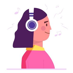 Voice recording studio. Woman in headphones listening music and singing flat style concept. Girl records new song. Karaoke party. Flat vector illustration isolated on white background