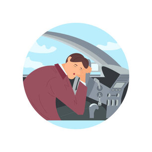 Round template with tired man sleeping at the wheel inside of his car. Sleepy guy while driving as a result of insomnia and lack of sleep. Flat Art Vector Illustration