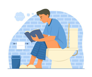 Young man sitting on toilet bowl and enjoy reading a book