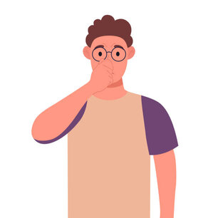 Curly young man in glasses holding fingers on nose Vector illustration.