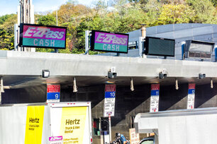 Kearny: EZPass EZ Pass Cash lane for toll to bridge on New York City, NYC, prices, lane restrictions, Hertz truck