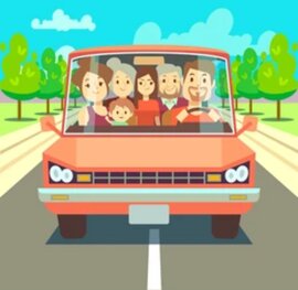Happy family traveling by car driving on road. Big family going to summer vacations vector illustration. Transportation to holiday, father mother and children