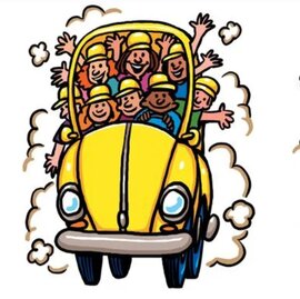 Cartoon yellow car overcrowded with people wearing yellow hats