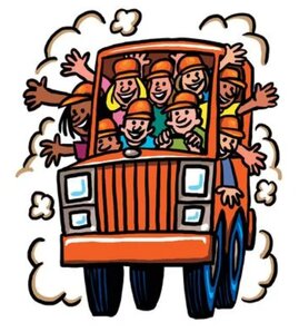 Cartoon orange car overcrowded with people wearing orange hats