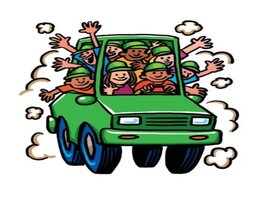 Cartoon green car overcrowded with people wearing green hats