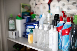 Toilet paper and cleaning products hoarding concept