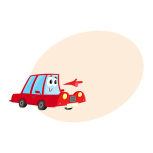 Cute and funny red car character pointing to something with its hand, cartoon vector illustration with place for text. Funny red car character, mascot pointing, drawing attention to something