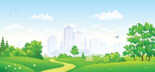 Vector illustration of a summer city park panorama, panoramic banner