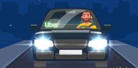 A cartoon picture of a white guy driving a car with a uber sign on the front windshield