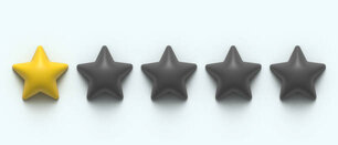 Glossy yellow 3d one star rating. 3D render image. 1 stars of 5. Golden star shape. Quality of service measurement. Ranking system, review symbol. Classification and statistics. Rate button symbol