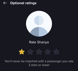 A screenshot of a passengers Lyft rating