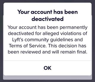 A deactivation message from lyft