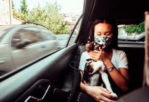 Young woman with face mask travel by taxi with her service animal 