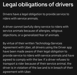 A description of Uber's drivers legal obligation to passengers who have service animals.