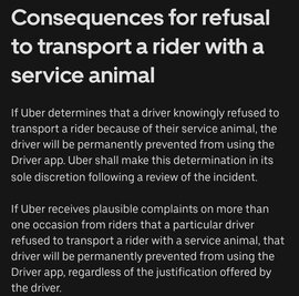 A description of Uber's consequences for drivers who refuse to pick up passengers who may have service animals.