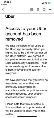 A deactivation message from Uber